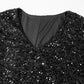 Color black Plus Size Bubble Sleeve V Neck Sequin Dress