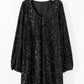Color black Plus Size Bubble Sleeve V Neck Sequin Dress